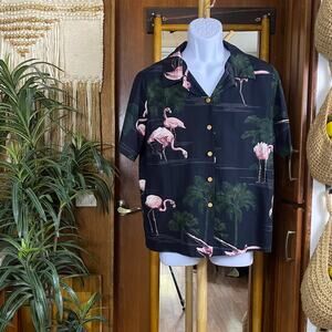 Vintage 90s Paradise Found Aloha Shirt M | Hawaii Flamingo Palm Print Tropical